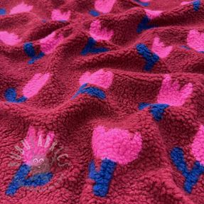 Coat fabric TEDDY JACQUARD Tulips dark red