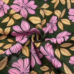 Cotton fabric SATIN Autumn flowers dark green
