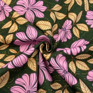 Cotton fabric SATIN Autumn flowers dark green