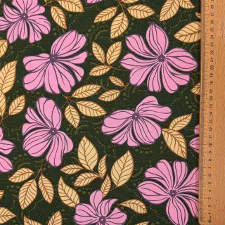 Cotton fabric SATIN Autumn flowers dark green