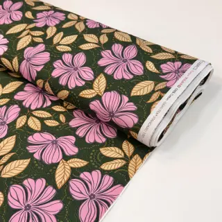 Cotton fabric SATIN Autumn flowers dark green