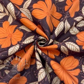 Cotton fabric SATIN Autumn flowers dark brown