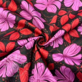 Cotton fabric SATIN Autumn flowers dark red