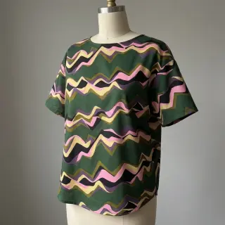 Cotton fabric SATIN Abstract waves dark green