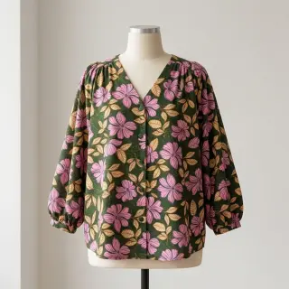 Cotton fabric SATIN Autumn flowers dark green