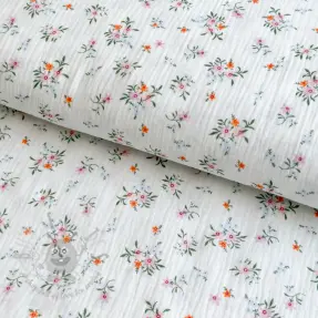 Double gauze/muslin Flowers white ORGANIC