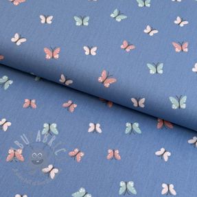Cotton fabric Birds and butterflies blue ORGANIC
