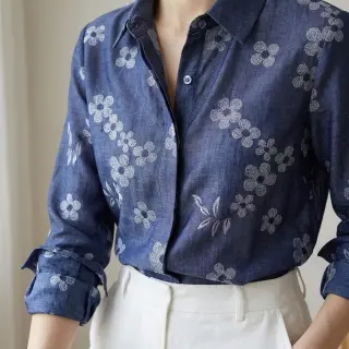 Cotton fabric JEANS Chambre LUXURY JACQUARD Flowers dark blue
