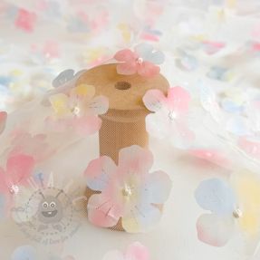 Tulle netting RETRO Flowers light blue