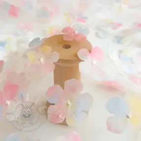 Tulle netting RETRO Flowers light blue