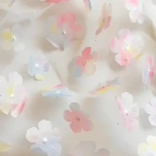 Tulle netting RETRO Flowers light blue