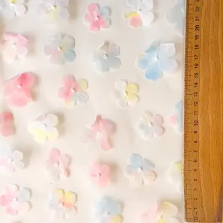 Tulle netting RETRO Flowers light blue