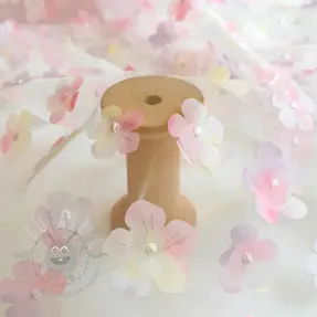 Tulle netting RETRO Flowers light pink