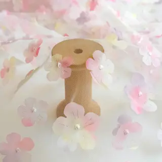 Tulle netting RETRO Flowers light pink