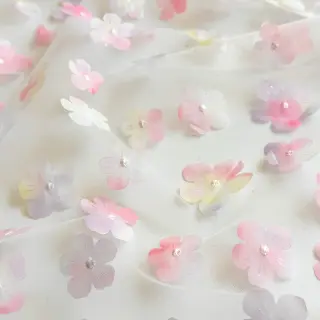 Tulle netting RETRO Flowers light pink