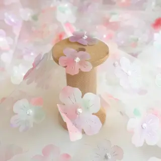 Tulle netting RETRO Flowers lavender