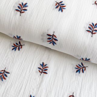 Double gauze/muslin EMBROIDERY Leaves white