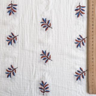 Double gauze/muslin EMBROIDERY Leaves white