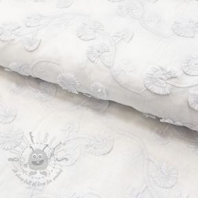Cotton fabric VOILE EMBROIDERY Flowers with stem white
