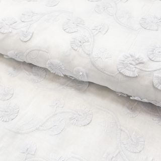 Cotton fabric VOILE EMBROIDERY Flowers with stem white