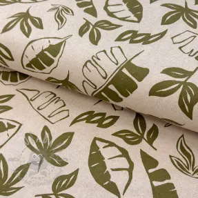 Decoration fabric Linenlook Leaves army green