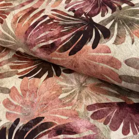 Decoration fabric SLUB Leaves burgundy digital print