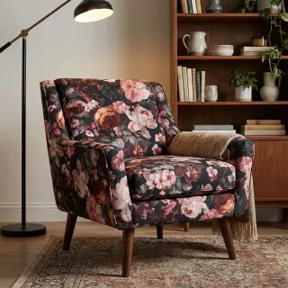 Decoration fabric SLUB Bouquet burgundy digital print