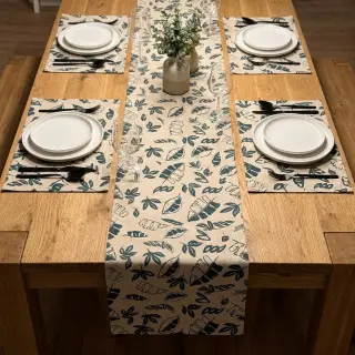 Decoration fabric Linenlook Leaves dark petrol