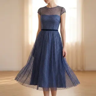 Tulle netting DOTS dark blue