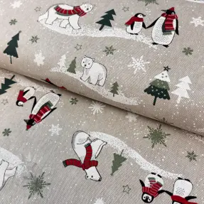 Decoration fabric Linenlook Little penguin red