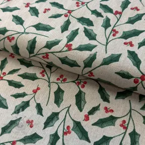 Decoration fabric Linenlook Holly branch Xmas