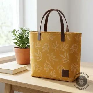 Decoration fabric Linenlook Elegant leaf branch yellow