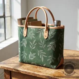 Decoration fabric Linenlook Elegant leaf branch army