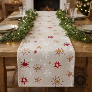 Decoration fabric Linenlook Magic star red gold