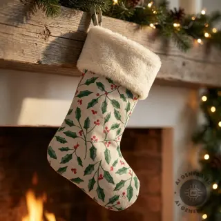 Decoration fabric Linenlook Holly branch Xmas