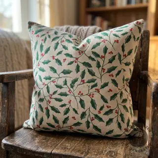 Decoration fabric Linenlook Holly branch Xmas