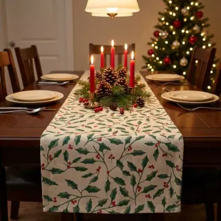 Decoration fabric Linenlook Holly branch Xmas