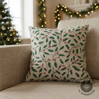 Decoration fabric Linenlook Holly branch Xmas