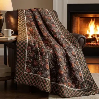 Cosy VELVET QUILT Flowers leaves dark brown