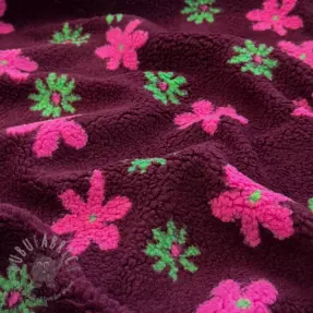 Coat fabric TEDDY JACQUARD Flowers burgundy