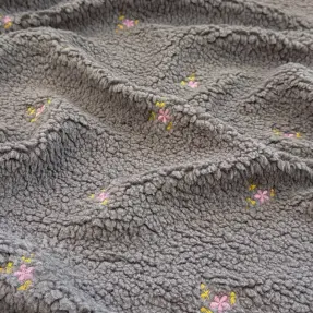 Coat fabric TEDDY EMBROIDERY Flowers grey