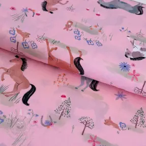 Cotton fabric Farm animals BIG light pink digital print
