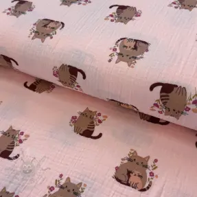 Double gauze/muslin Cats pink