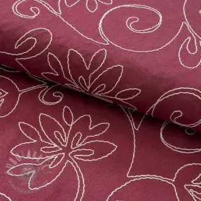 Linen viscose EMBROIDERY Flora burgundy
