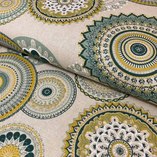 Decoration fabric Linenlook Geometric mandala green