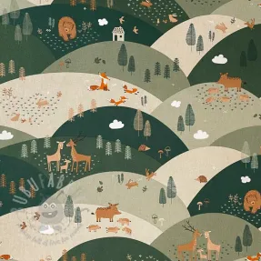 Decoration fabric Linenlook Mountain forest animals