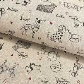 Decoration fabric Linenlook Sweet doggie friends