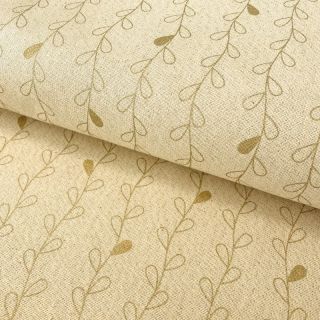 Decoration fabric Linenlook Branch retro leaf light yellow metallic premium