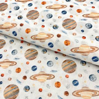 Cotton fabric Planets white digital print