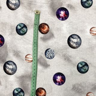 Cotton fabric Planets light grey digital print